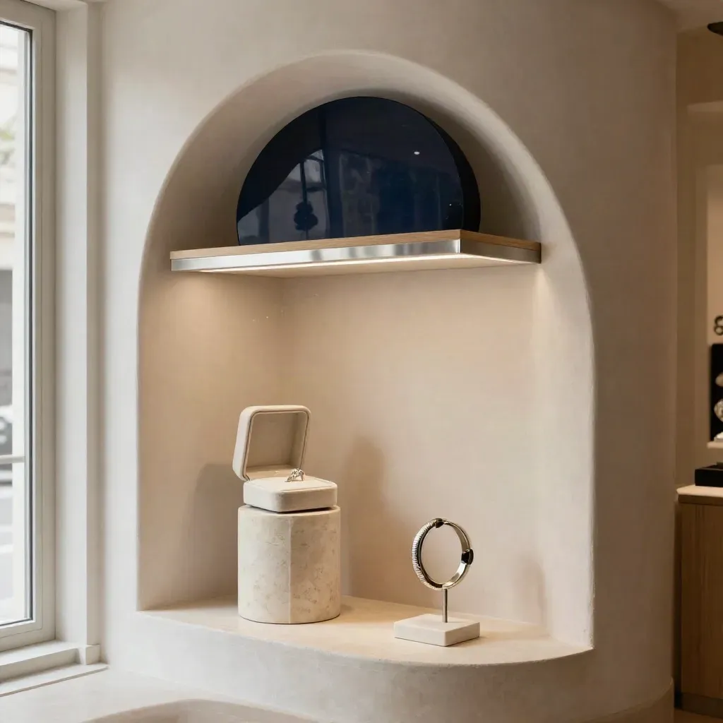 Sunlit jewellery gallery nook with arched plaster, travertine pedestal and a midnight-navy accent.