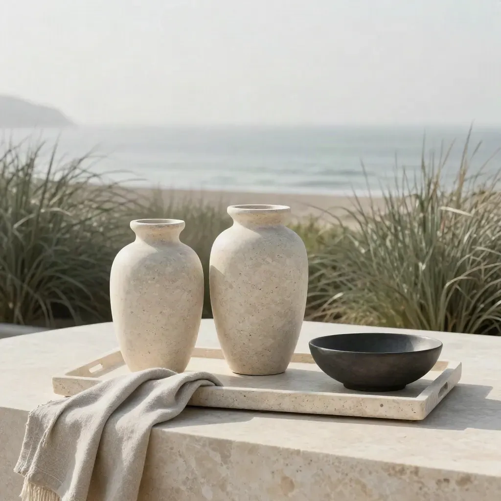 Stone vessels and linen beside a misty coastal garden on pale limestone