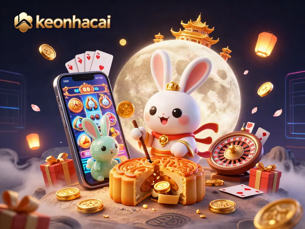 Engage with keonhacai while exploring a whimsical 3D digital casino scene filled with games and treasures.