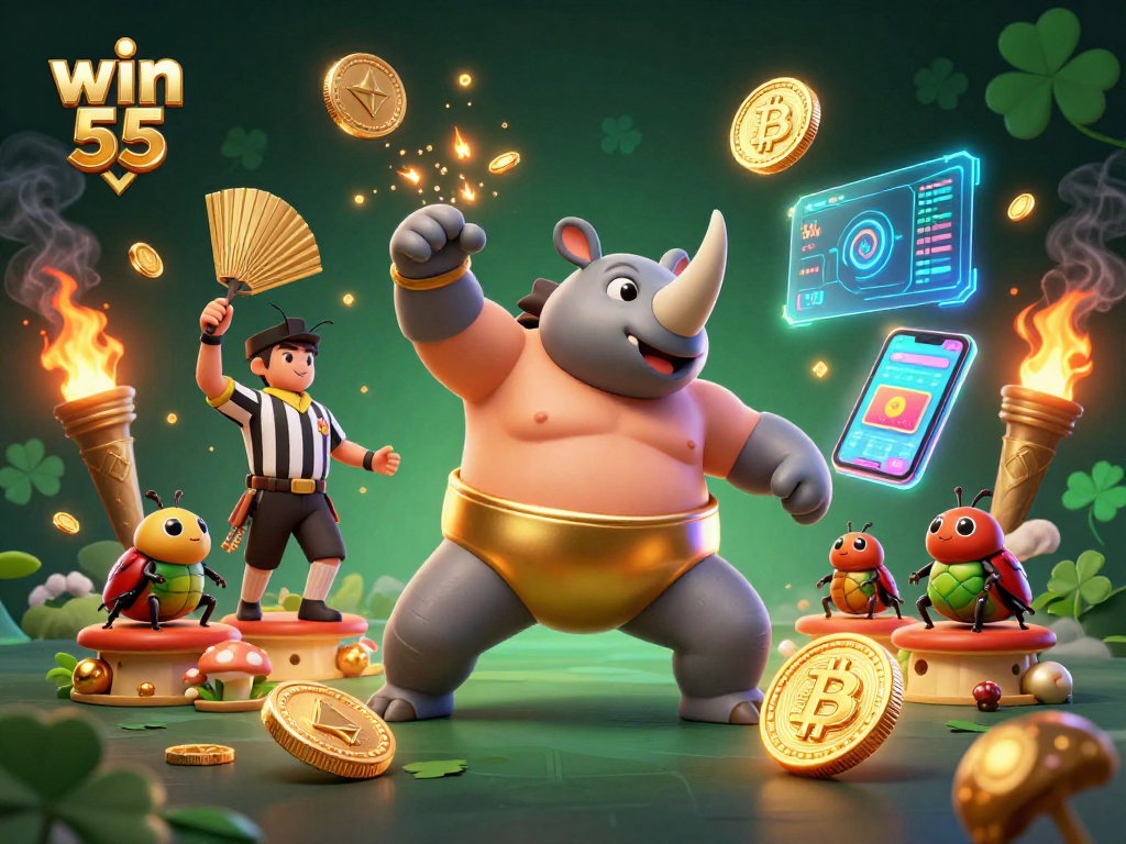 Win 55 action featuring a sumo beetle champion launching coins in an electrifying casino scene.