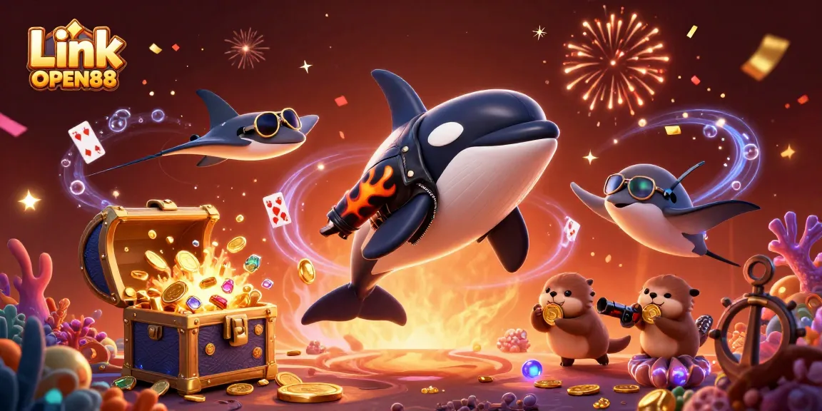 Experience the excitement of Link OPEN88 with lively sea creatures amidst playful gambling elements in a vibrant scene.