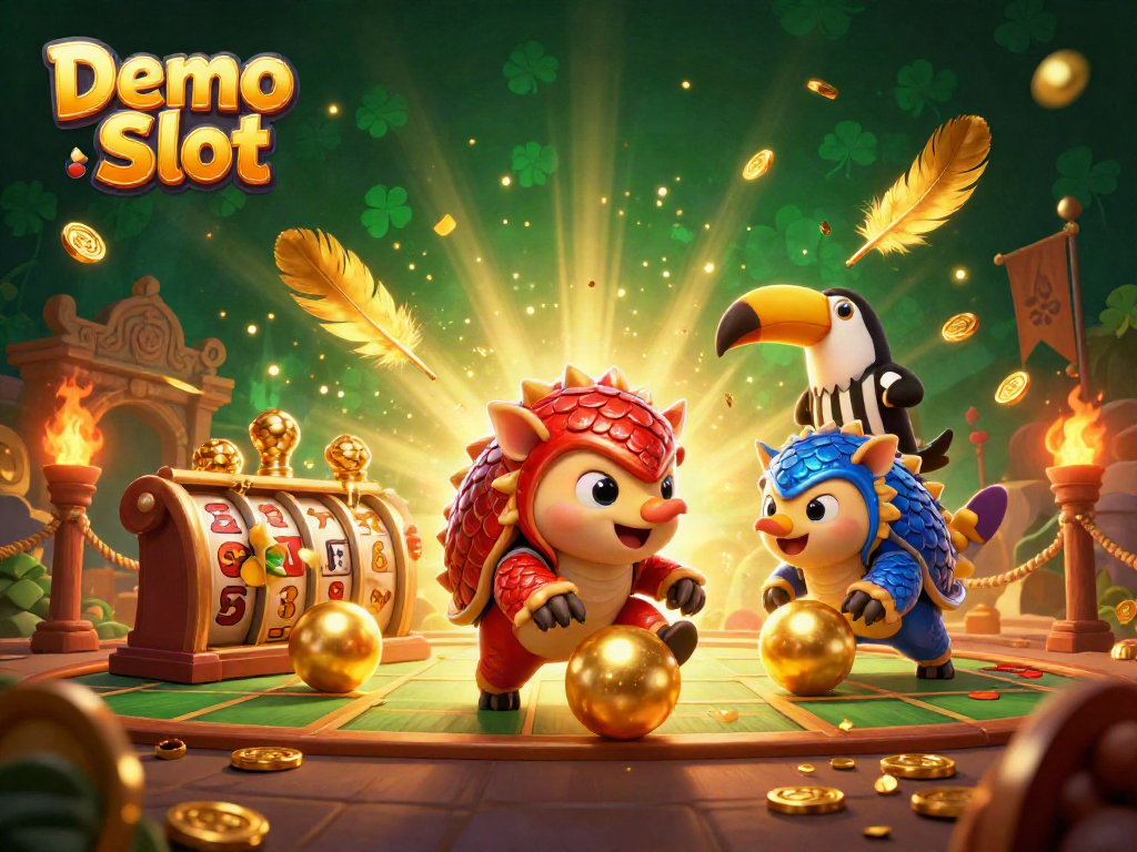 Engage with Demo Slot gameplay as pangolins roll through colorful slot reels and poker chips.