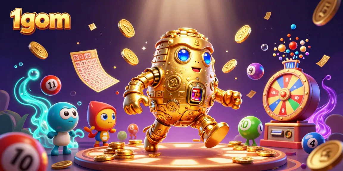 1gom golden golem spins with colorful lottery balls and dynamic prize displays in exciting casino scene