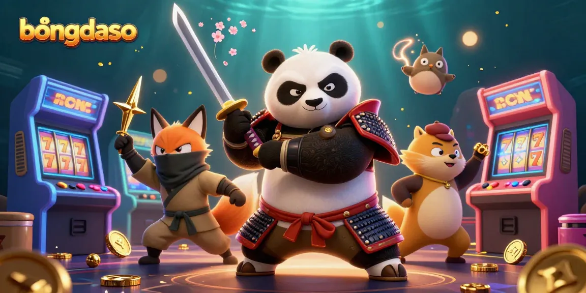 Experience thrilling action with bongdaso in a vibrant scene of a samurai panda, ninja fox, and magical spirit.