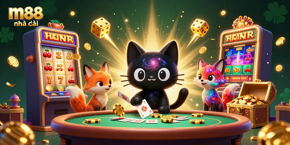 Experience excitement with m88 nhà cái, featuring a cosmic casino scene bursting with action and winning possibilities.