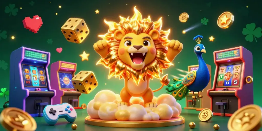 Experience the excitement of luck8 with vibrant casino action featuring a roaring lion and slot machines.