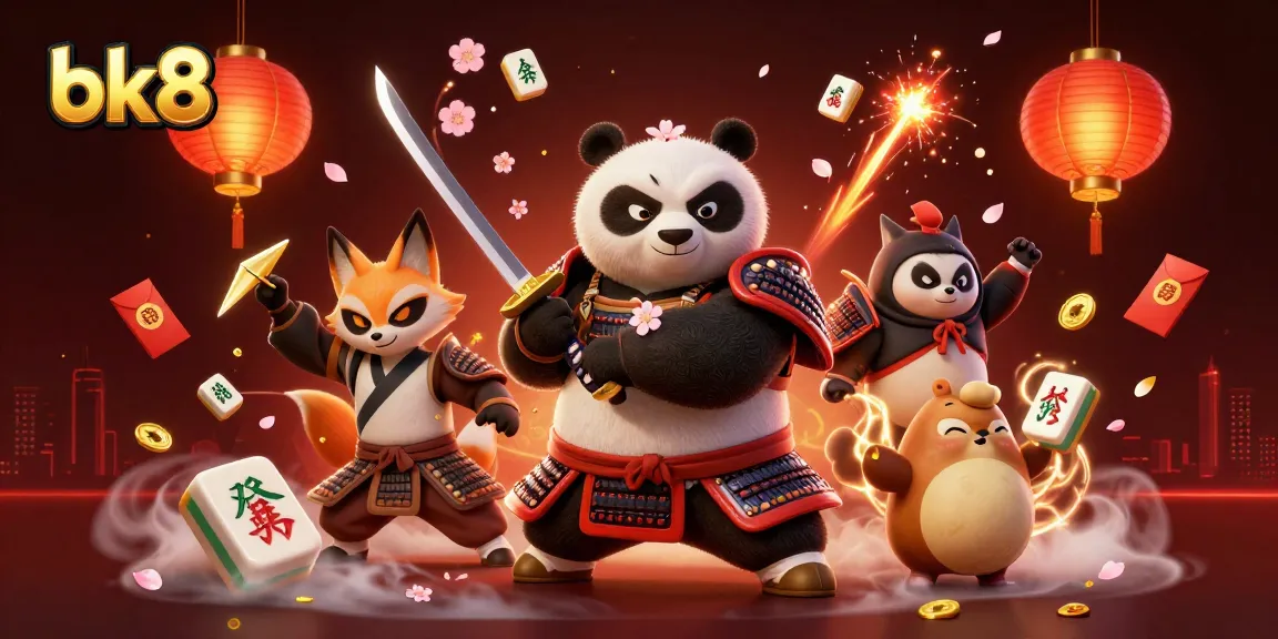 Engage with bk8's vibrant casino world featuring samurai panda and ninja fox in a dynamic illustration.