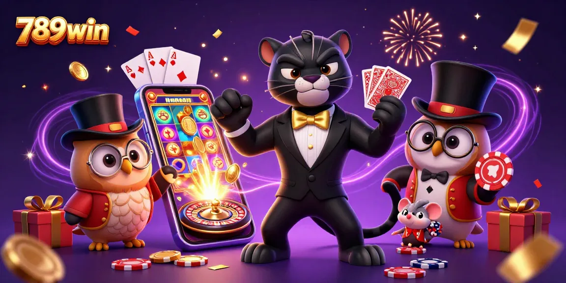 Experience exciting gameplay at 789win with a cartoon panther, owl, and mouse in a vibrant casino scene.