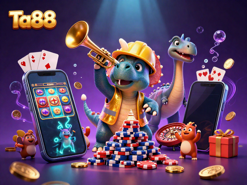 Engage in thrilling gameplay with Ta88 as a triceratops celebrates while building a pyramid of poker chips.