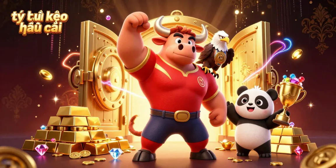 Experience the excitement of tỷ lệ kèo nhà cái with dynamic sports characters celebrating victories in a vibrant casino-like scene.