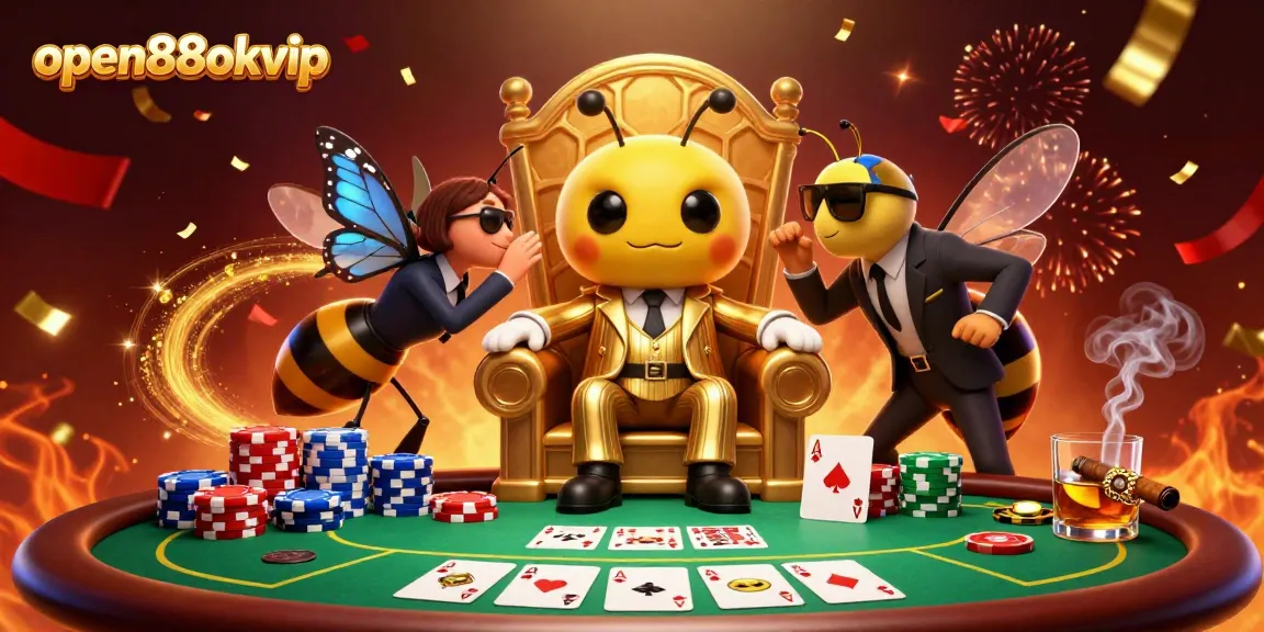 Experience the excitement of open88okvip with a bumblebee mob boss and poker scene in this vibrant 3D illustration.
