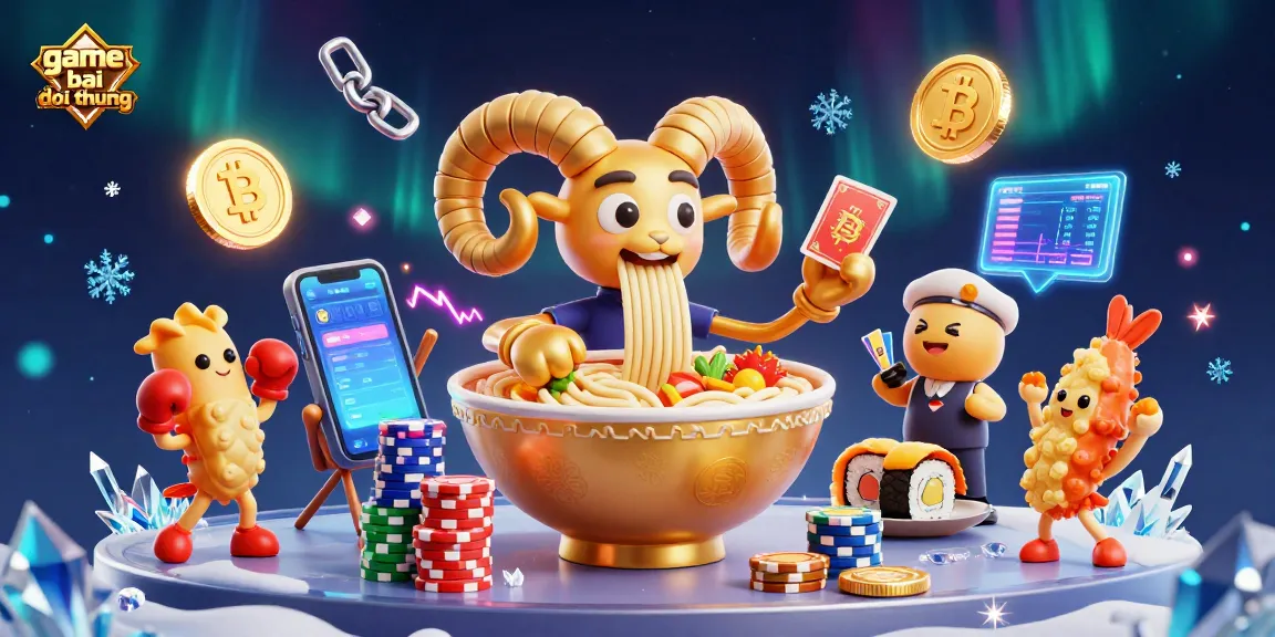 Engage in game bai doi thuong with a vibrant scene featuring a giant ramen bowl dealer and blockchain elements.