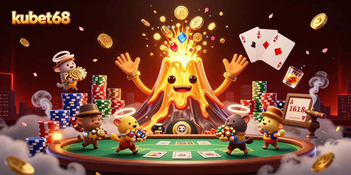 Engage with kubet68's premiere casino experience through an explosive golden volcano scene filled with treasures and poker excitement.