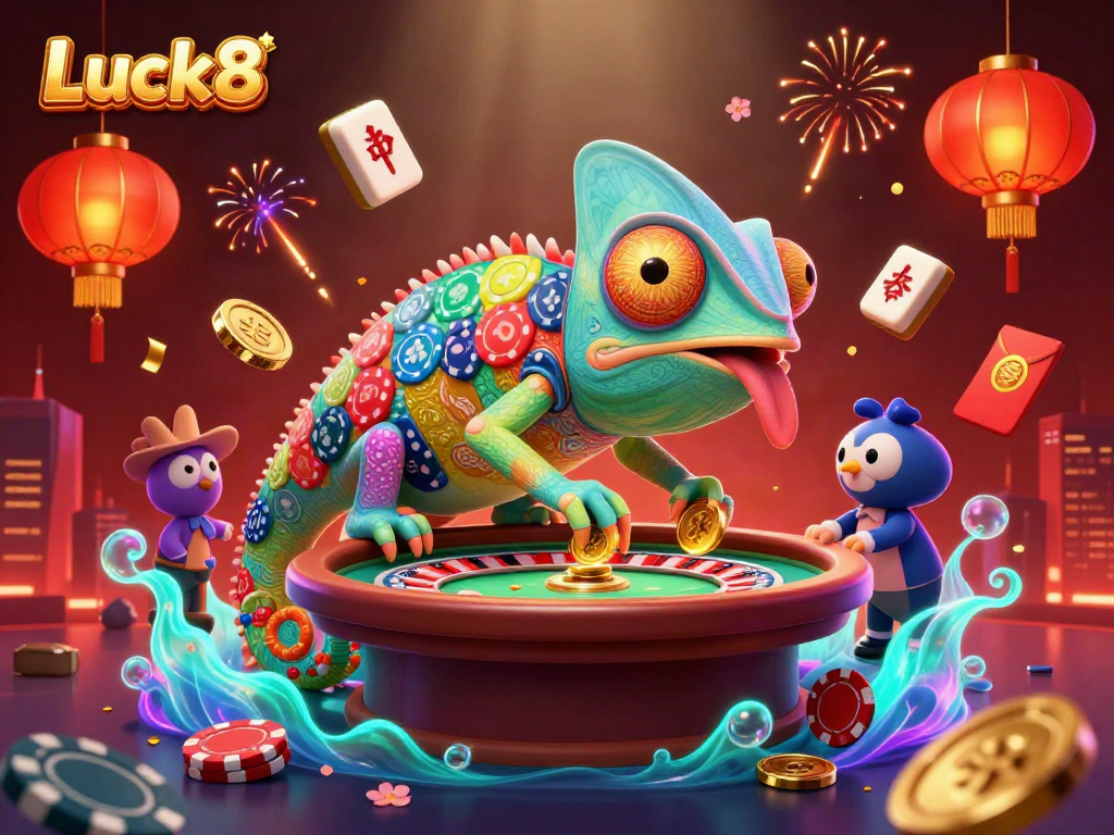 Engage with Luck8's vibrant casino scene featuring a chameleon owner amidst thrilling game elements.