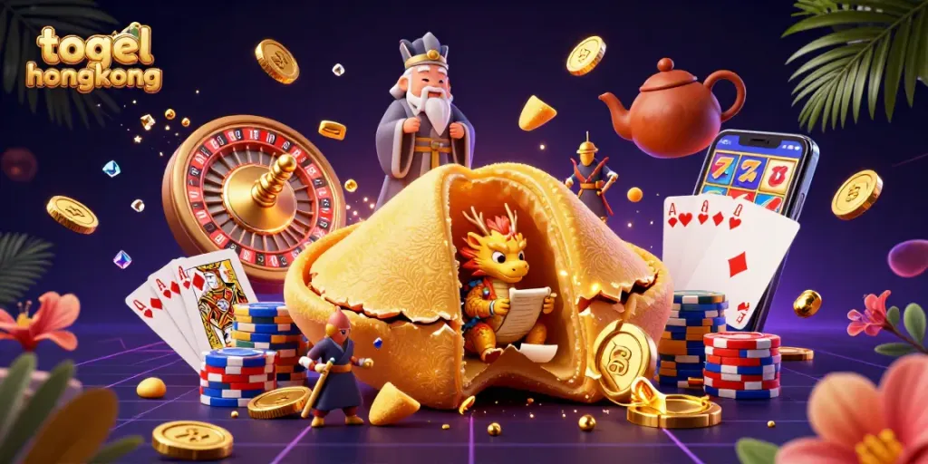 Togel Hongkong showcases a giant fortune cookie scene with dynamic casino elements, including chips and roulette.