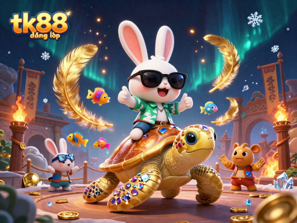 Experience excitement at tk88 đăng nhập with a lucky rabbit and golden turtle in a vibrant casino scene.