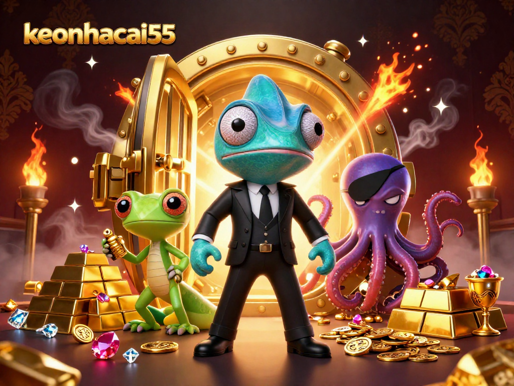 Capture the energy of keonhacai55 with a thrilling casino heist scene featuring a secret agent chameleon.