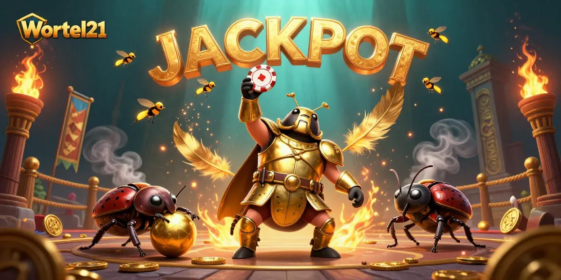 Play exciting casino games with Wortel21, featuring a dynamic scene of beetles celebrating a jackpot.