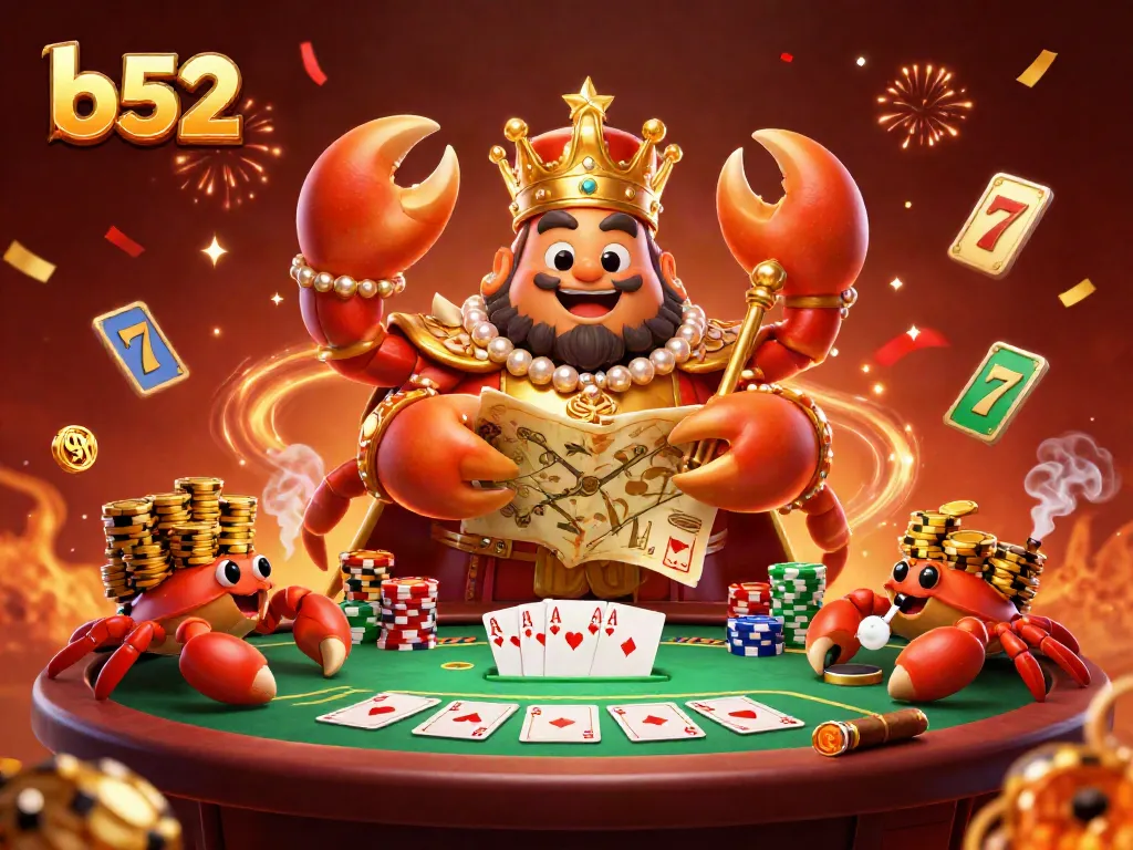 Experience the vibrant b52 casino world as a golden crab emperor oversees a high-stakes poker scene.