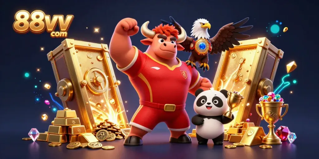 Win big with 88vv com as a bull mascot celebrates surrounded by golden treasures and lively casino elements.