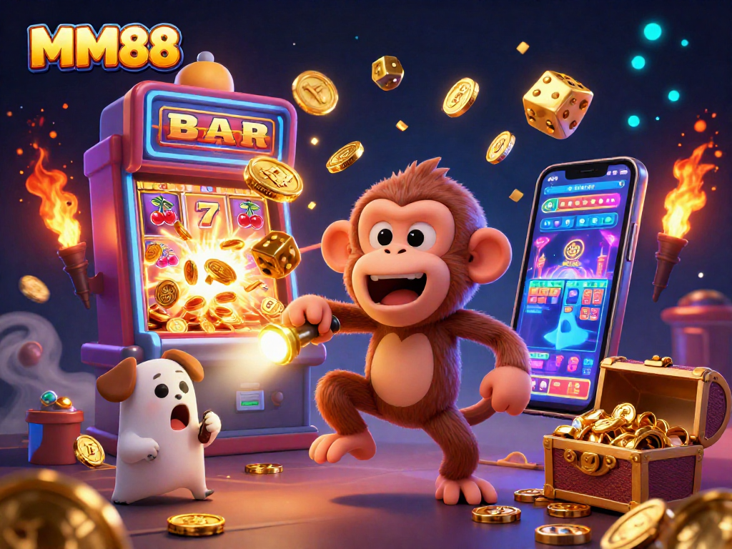 Experience the thrill of MM88 with a mischievous monkey and ghost-hunter in a vibrant casino.