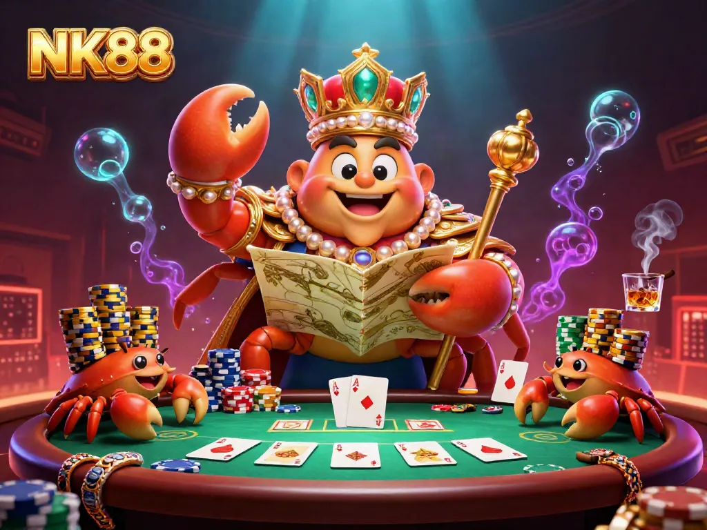 Engage in winning strategies with NK88 amidst vibrant casino elements and a golden crab emperor scene.