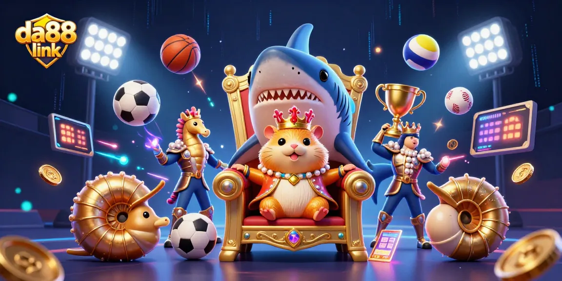 Experience thrilling wins at the da88 link while admiring our royal hamster king surrounded by golden trophies and sports elements.