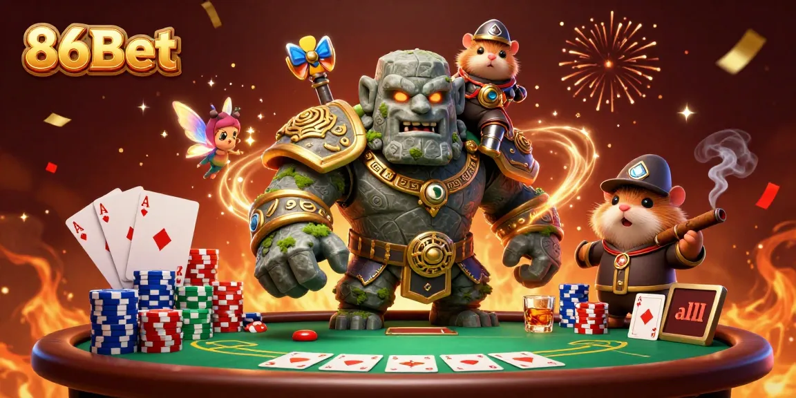 Engage with 86Bet at a lively casino scene featuring magical characters and poker action.