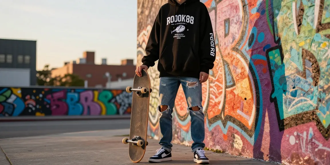 Stylish rokok88 streetwear outfit showcased in vibrant urban sunset.