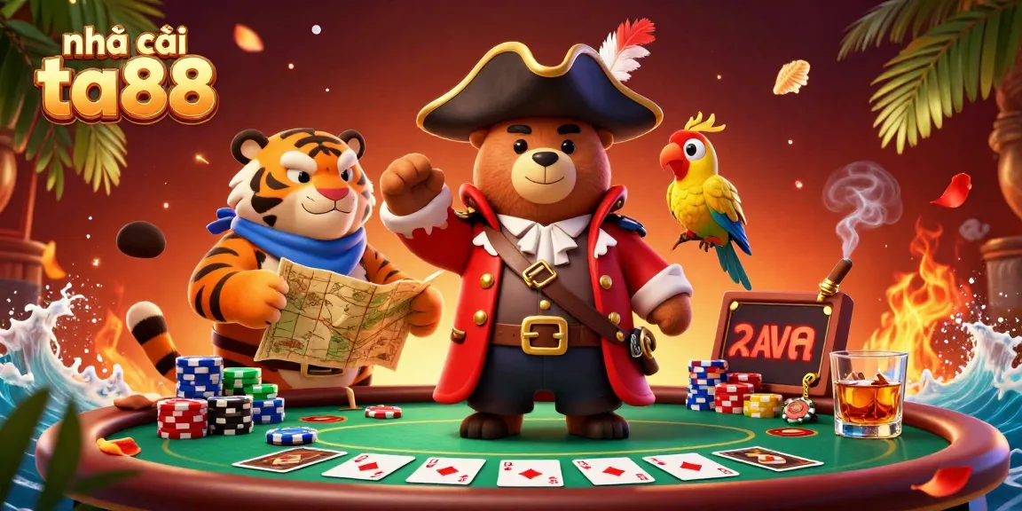 Engage with nhà cái ta88’s vibrant casino scene featuring a cartoon pirate bear, poker table, and dramatic game elements.