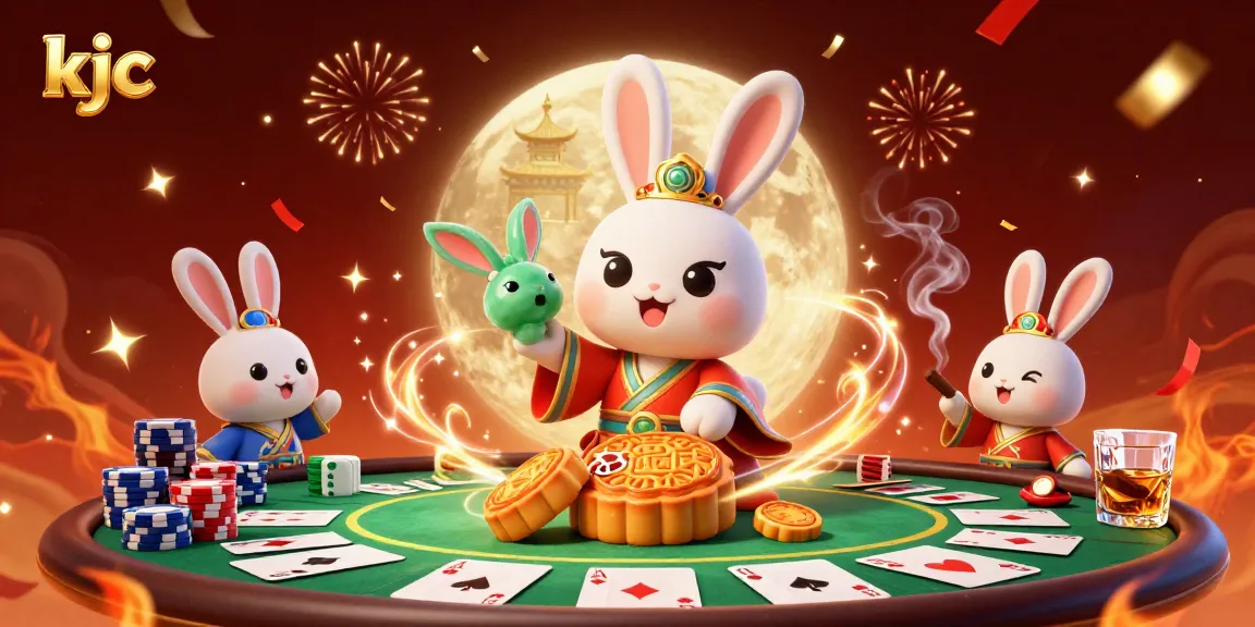 KJC moon rabbit pounds mooncakes revealing poker chips, highlighting vibrant casino atmosphere.