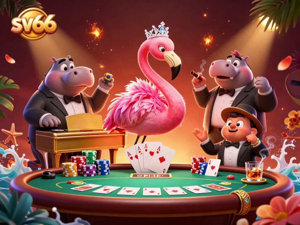 Experience vibrant casino action with sv66-themed flamingo and hippo characters in a lively card game.