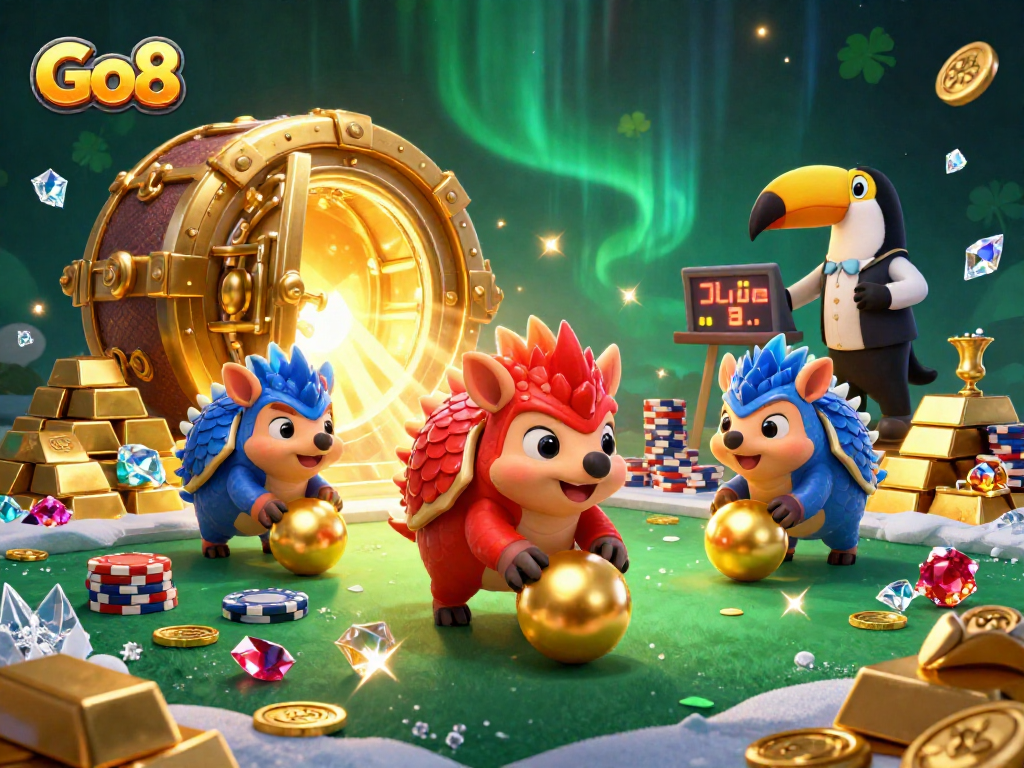 Go8 pangolins competing in a vibrant casino scene filled with treasures and gaming excitement.