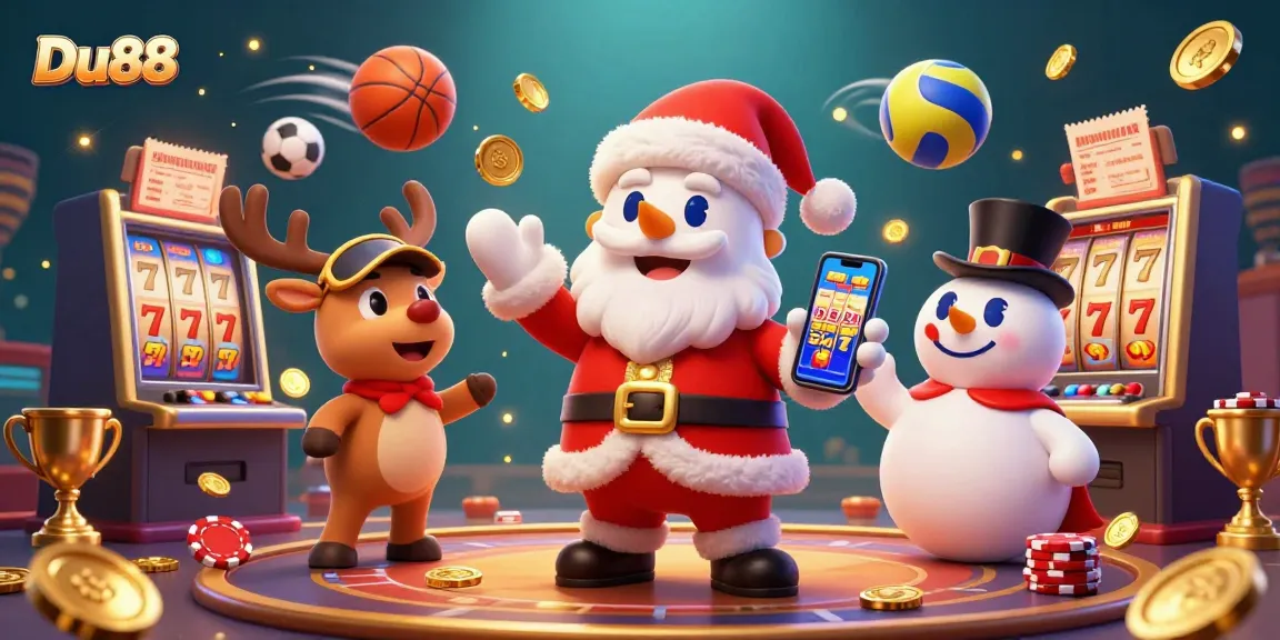 Spin and win with Du88 in this vibrant casino scene featuring Santa and friends!