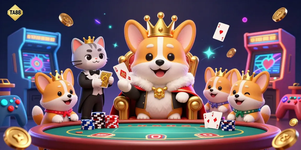 Experience TA88 with lively cartoon characters in a vibrant casino-themed illustration.