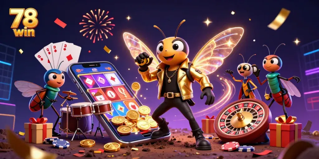 Experience the excitement of 78 win as golden coins erupt from vibrant slot games in this captivating illustration.