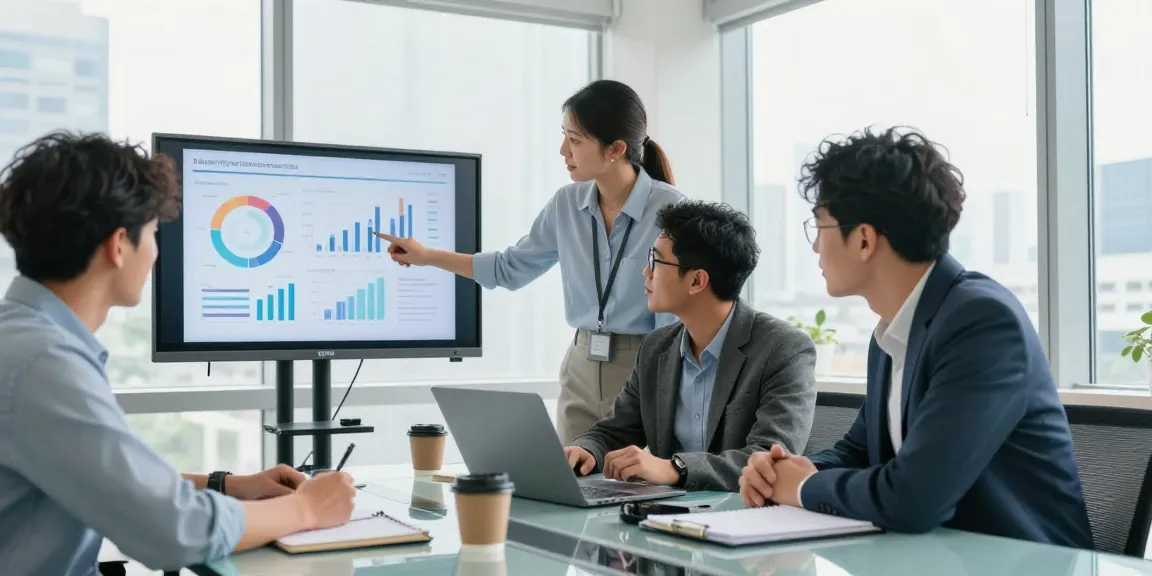 Team discussing the best merchant cash advance options in a modern office setting.