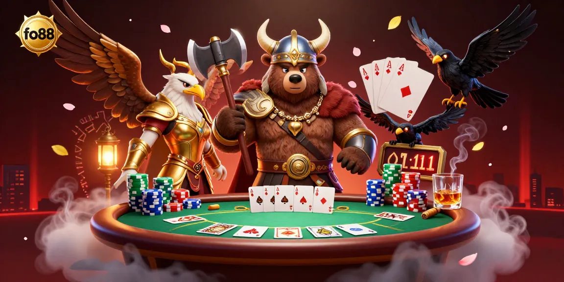 Experience thrilling wins at fo88 with explosive poker gameplay featuring a Viking bear and Valkyrie eagle.