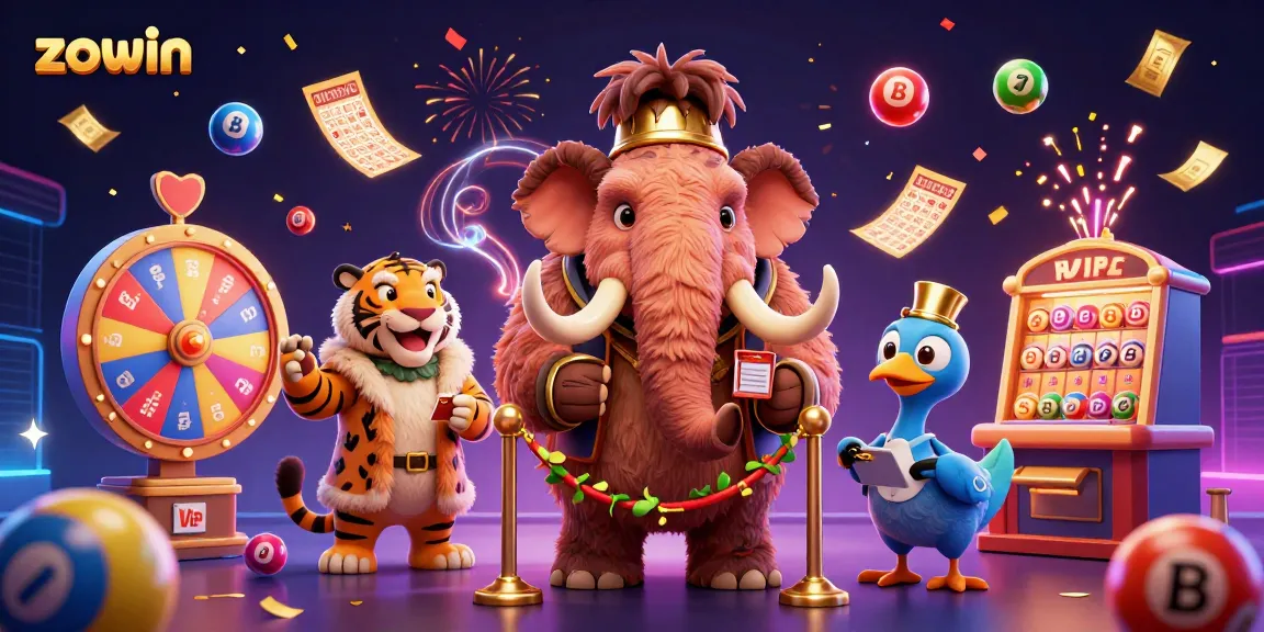Zowin casino illustration featuring a 3D woolly mammoth bouncer, saber-tooth tiger VIP, and dodo doorman surrounded by lottery elements.