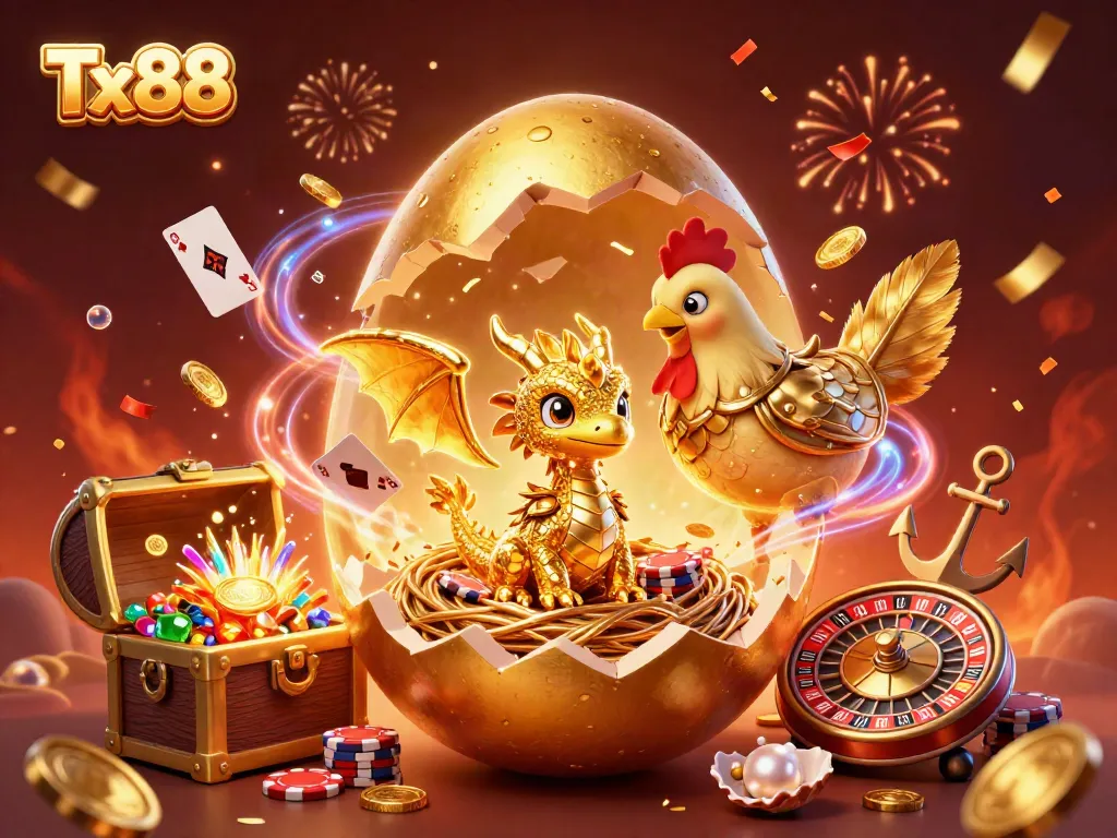 Experience the thrilling world of Tx88 with a golden dragon amidst casino treasures and vibrant gameplay elements.