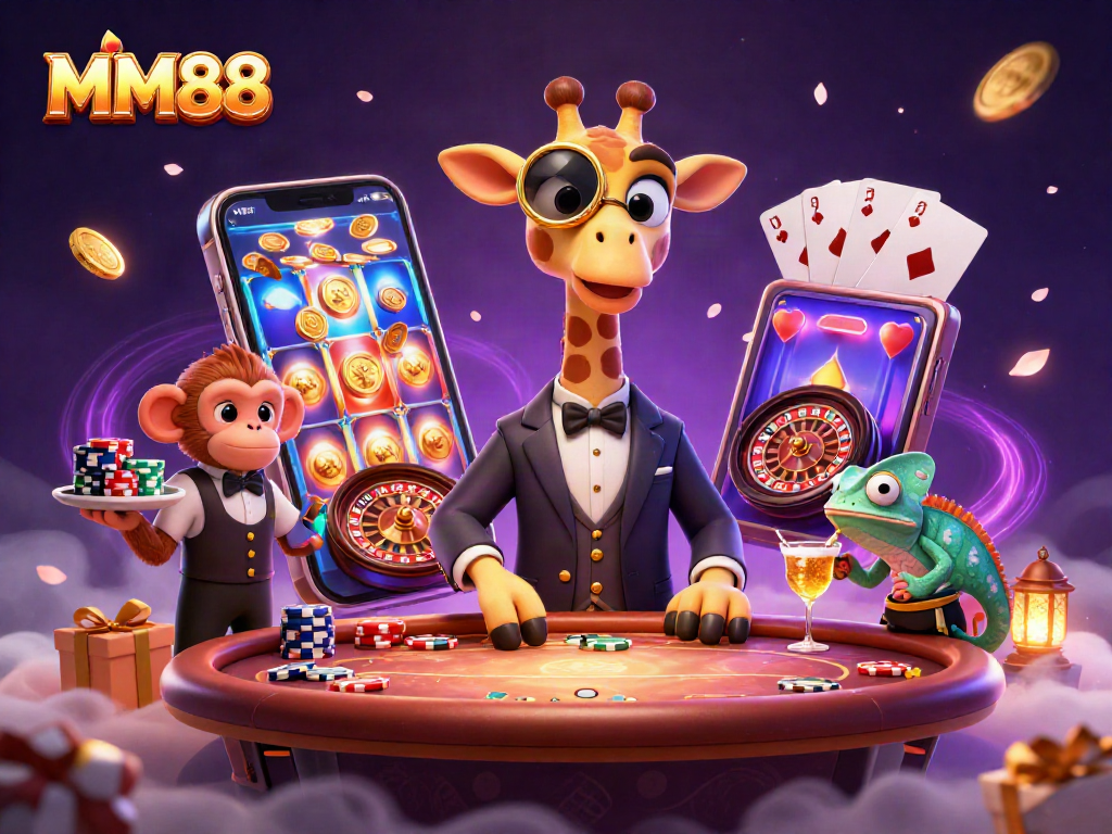 Engage with MM88's vibrant casino world featuring a giraffe, monkey, and chameleon in action.