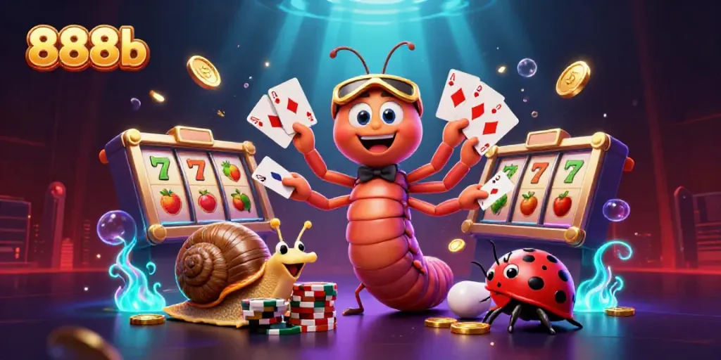 Engage with 888b's vibrant 3D casino scene featuring a millipede dealer and high-roller snail.
