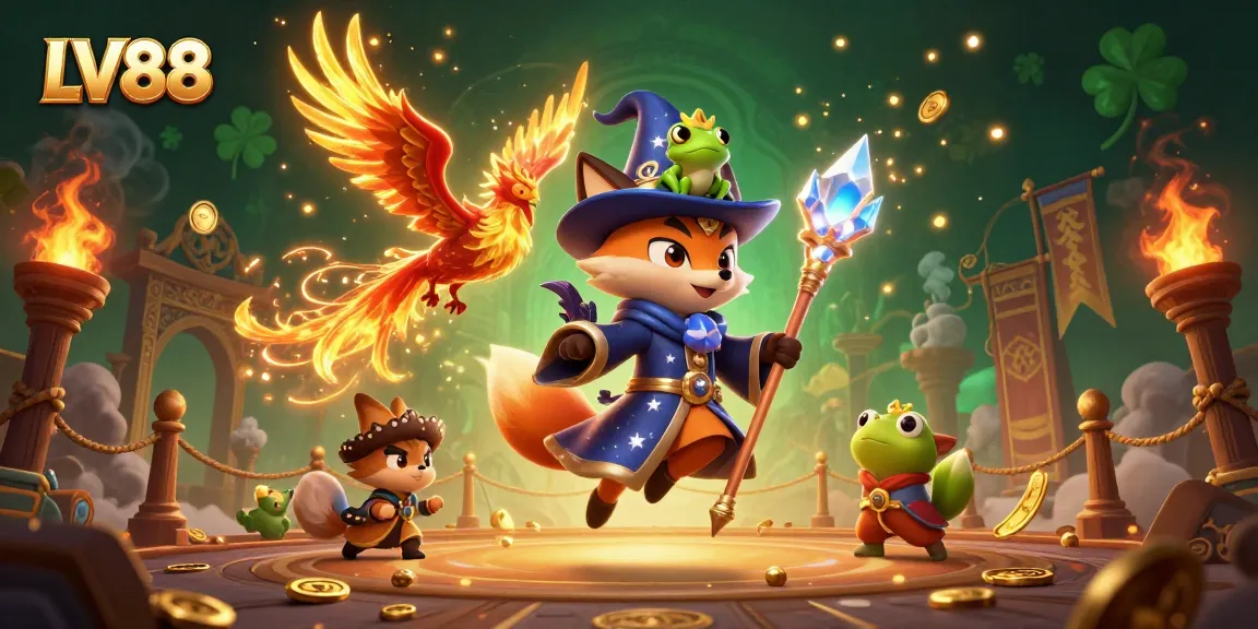 Experience thrilling victories at LV88 with a mystical fox and phoenix in a vibrant casino scene.