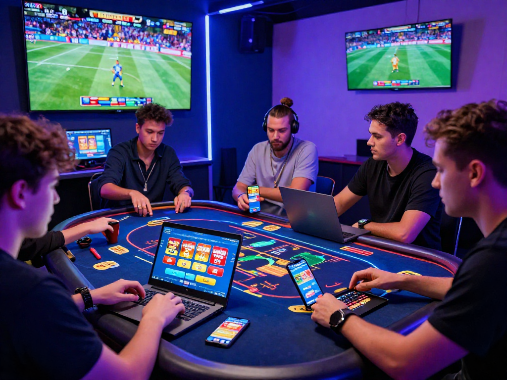 Energetic scene of players engaging with TK999 online sports betting featuring live casino games and mobile app interaction, vibrant nightlife atmosphere.