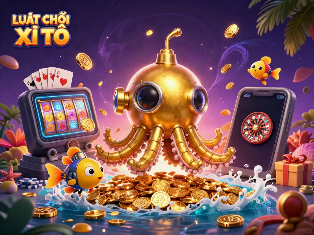 Experience LUẬT CHƠI XÌ TỐ with a dynamic illustration featuring a playful kraken and vibrant casino elements.