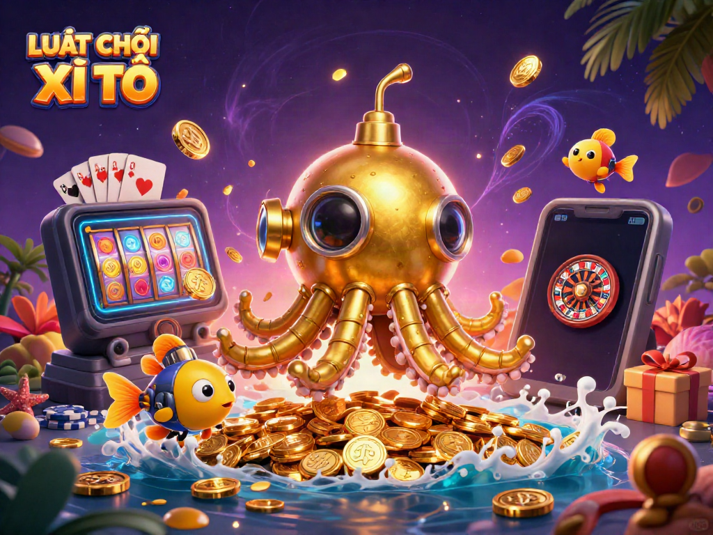 Experience LUẬT CHƠI XÌ TỐ with a dynamic illustration featuring a playful kraken and vibrant casino elements.