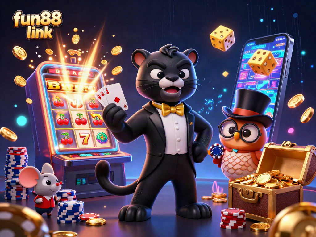 Engage with the fun88 link while experiencing a vibrant scene of a cartoon panther dealing cards amidst a jackpot explosion.