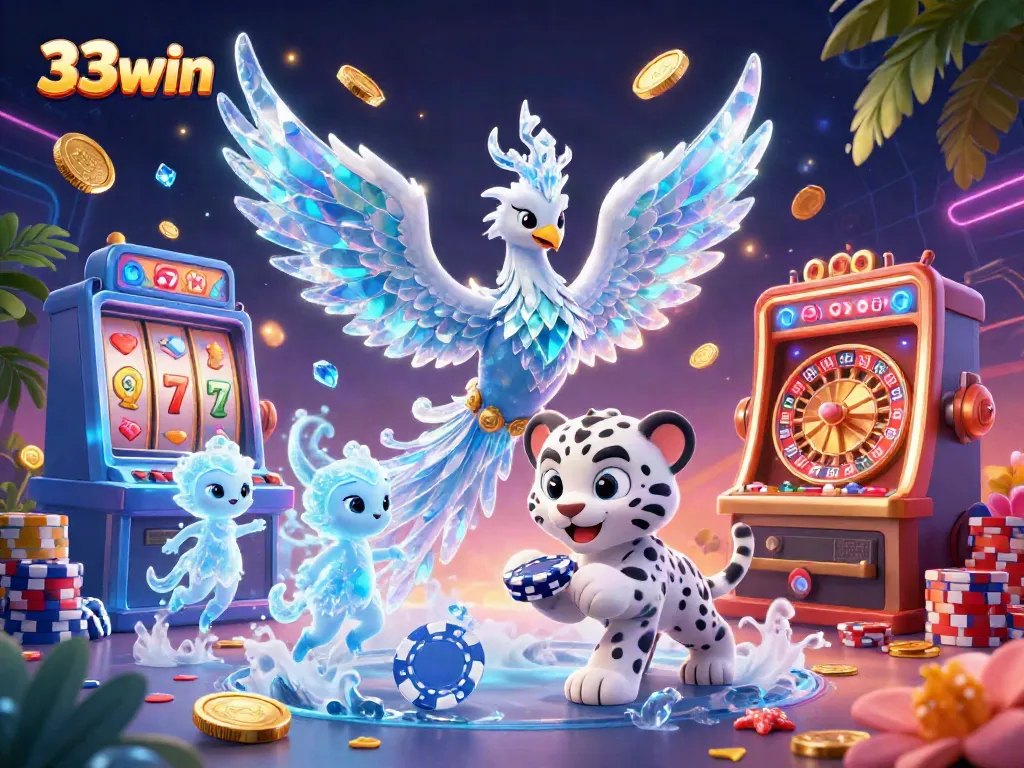 Experience the thrill of 33win with a vibrant casino scene featuring a phoenix, poker chip cub, and glowing sprites.