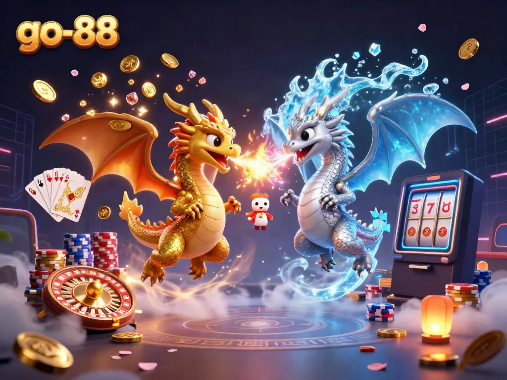 Witness the excitement of go-88 as twin cartoon dragons unleash fire and ice, surrounded by dynamic casino elements.