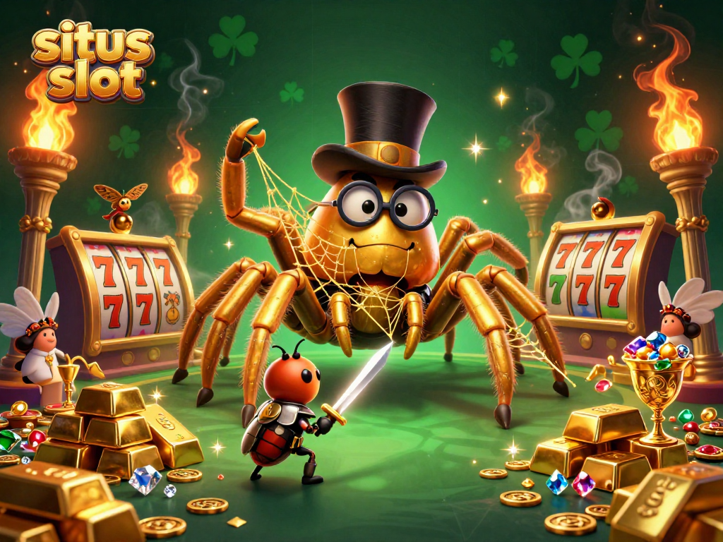Engage in situs slot excitement with a dazzling 3D casino scene of a golden tarantula and beetle knight.